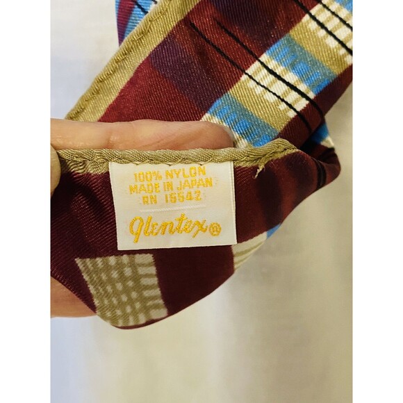 Vintage Glentex Nylon Scarf Plaid Stripe Blue Tan Burgundy - Picture 6 of 7